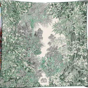 Lush botanical print 130cm cashmere square scarf with green tropical jungle design
