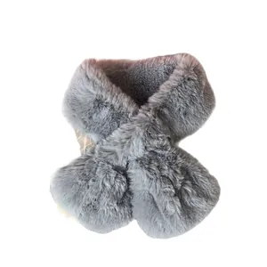 Thick grey faux fur scarf for women, featuring a cozy crisscross plush design for winter