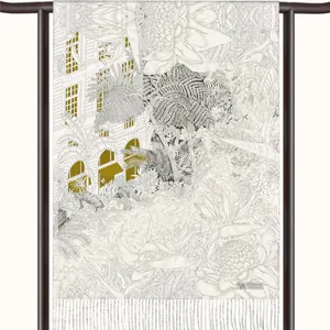 Elegant floral cashmere scarf with European architecture and tassel details
