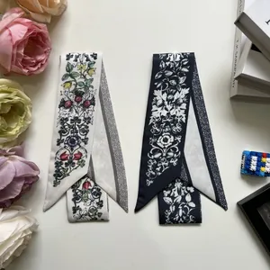 Floral print long silk twilly scarves set for hair accessories and bag handle decor