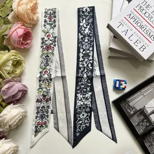 Elegant floral print double-layer long skinny scarf set with Paris text detail