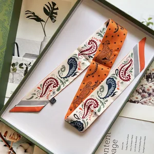 Satin paisley twilly scarf with leopard print accent in a vintage gift box