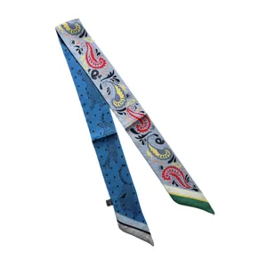 Polyester twilly silk scarf with paisley and leopard print for handbag handles