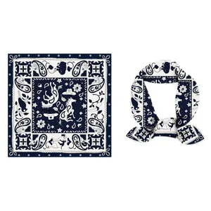 Navy blue and white paisley silk scarf with equestrian horse and rope print design