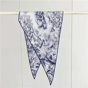 French Toile de Jouy silk twilly scarf featuring blue jungle lion and elephant patterns