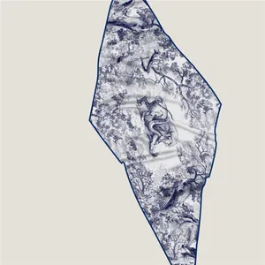 French Toile de Jouy scarf with blue lion and jungle print on premium white fabric