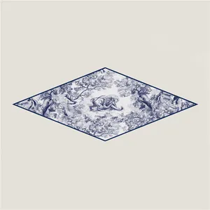 Macro view of diamond-shaped scarf featuring navy Toile de Jouy lion and jungle patterns