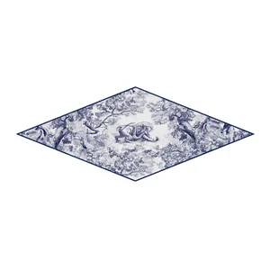 Diamond-shaped Toile de Jouy silk scarf with blue jungle lion and tiger scene