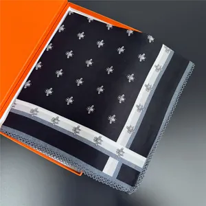 66cm black square scarf with bee pattern and lace edge in an elegant orange gift box