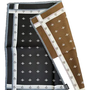 66cm silk square scarf with bee pattern and lace edges in dark grey and coffee brown