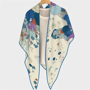 Elegant floral and horse print silk scarf for women in cream with blue border details