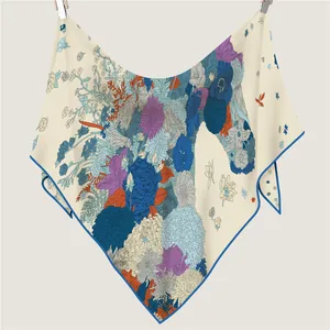 Elegant floral horse print faux cashmere neck scarf with deep blue borders for women