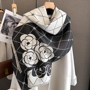 Thick camellia pattern cashmere scarf with fringe, elegant black and white shawl wrap