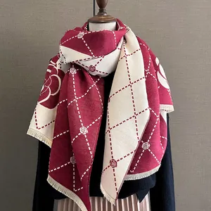 Elegant camellia cashmere-feel scarf in burgundy and beige with fringed edges