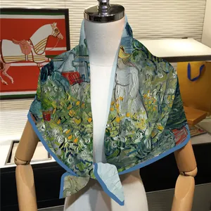 Impressionist oil painting garden silk scarf worn as a stylish neck wrap on a mannequin