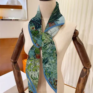 Artistic oil painting style 90cm square silk scarf featuring Van Gogh impressionist landscape