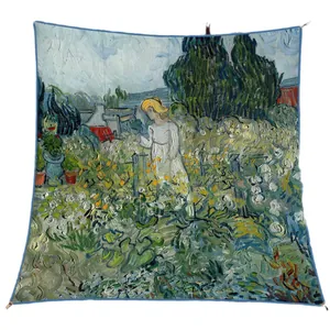Artistic Van Gogh garden oil painting square scarf and decorative tapestry with blue trim