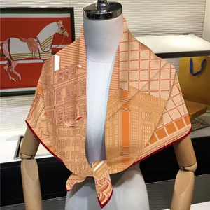 French style silk scarf with orange geometric patterns and horse motif wrap shawl