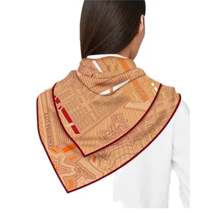 French style orange silk scarf with architectural print and deep red borders for women