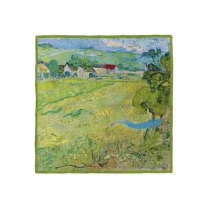 55cm square silk scarf featuring a Van Gogh oil painting landscape with green borders