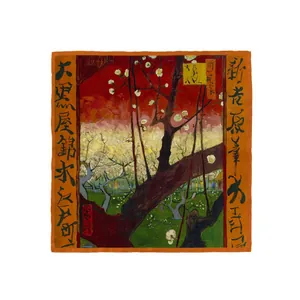 Artistic square scarf featuring Van Gogh's Plum Flowering Tree oil painting pattern