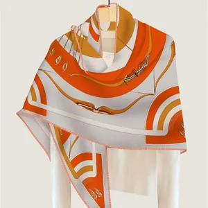 Orange and brown geometric bow pattern cashmere-like triangle shawl wrap for women