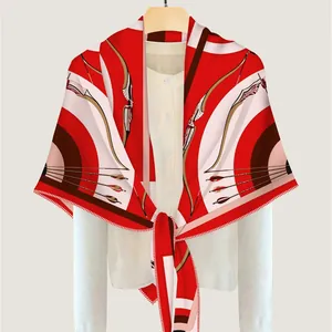 Winter triangle cashmere scarf shawl with vintage bow and arrow print on a white blouse