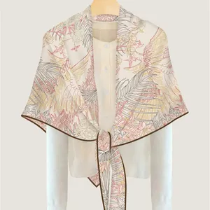 Faux cashmere shawl featuring beige floral and bird prints with elegant dark trim edging