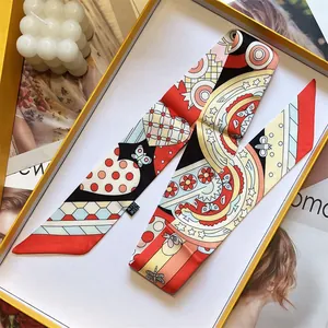 Women Fashion Satin Scarf Elegant Printed Narrow Twilly Neck Tie Butterfly Floral Pattern Headband For Lady Bag Accessory