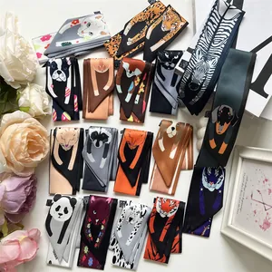 Foulard étroit en soie aux motifs animaux et fleurs pour poignées de sac