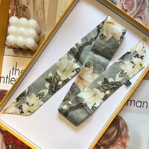 Écharpe Étroite en Satin à Imprimé Magnolia Vintage Français Femme Élégante Foulard Ruban à Cheveux Ruban pour Poignée de Sac