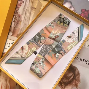 Dames 100% Zijde Twilly Sjaal Elegant Dier Tropische Plant Print Smalle Handtas Sjaal Haarband Lint Met Gele Geschenkdoos