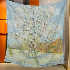 Foulard Quadrato Grande da Donna con Stampa Pittura a Olio Vintage Mandorlo in Fiore di Van Gogh in Misto Seta e Lana