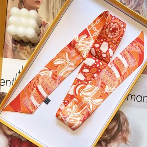 Silk-like satin twilly scarf with botanical print and luxury gift box for handbags