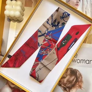 Marine anchor print long silk scarf for handbags in yellow luxury gift box with candle