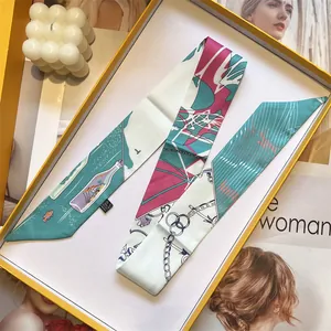 Chic long twilly silk scarf with nautical prints in a premium yellow gift box