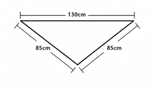 Size chart showing 130cm base and 85cm sides for this triangular silk scarf wrap