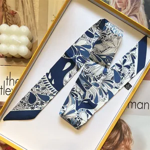 Blue and white floral print twilly silk scarf for women in a premium yellow gift box