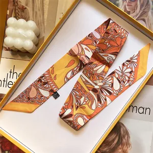 Retro floral silk scarf hair ribbon in orange and yellow tones, elegant gift box styling