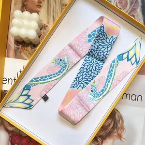 Fashion Giraffe Print Twilly Scarf For Women Satin Long Strip Skinny Scarf Double Sided Floral Neck Scarf Wrist Ribbon Scarf