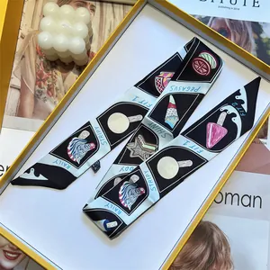 Ice cream print long twilly silk scarf with zebra pattern for handbags or hair