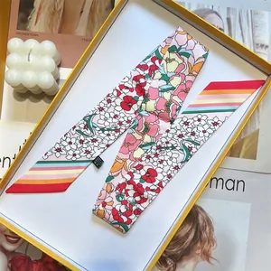 Women Elegant Floral Print Satin Twilly Scarf Narrow Neck Tie Ribbon For Hair Bag Decoration Fashion Silk Like Long Scarf