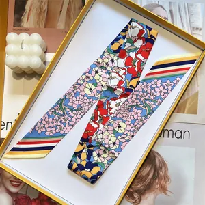 Floral print twilly silk scarf with rainbow stripes in a premium white gift box