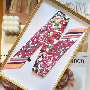 Silk-like floral and geometric print twilly scarf with elegant slanted ends for women