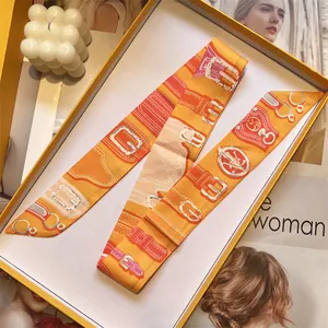 French vintage double-sided twilly silk scarf with equestrian print in a yellow gift box