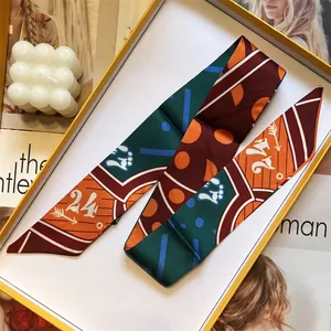 Women's Narrow Satin Scarf Geometric Print Silk Feel Hair Band For Bag Handle Decoration Headband Neck Scarf Accessories