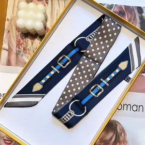 Blue and grey silk neck scarf with equestrian pattern in a premium gift box