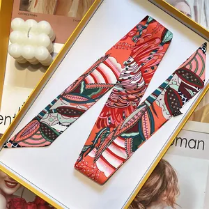 European vintage floral and geometric silk twilly scarves set in a yellow gift box