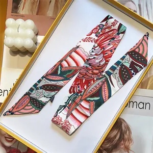 European style geometric pattern silk skinny scarf with vibrant abstract print for hair accessory