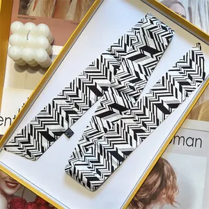 Elegant Satin Skinny Scarf For Women Black White Geometric Pattern Ribbon Bag Handle Wrap Hair Streamer Fashion Neck Tie